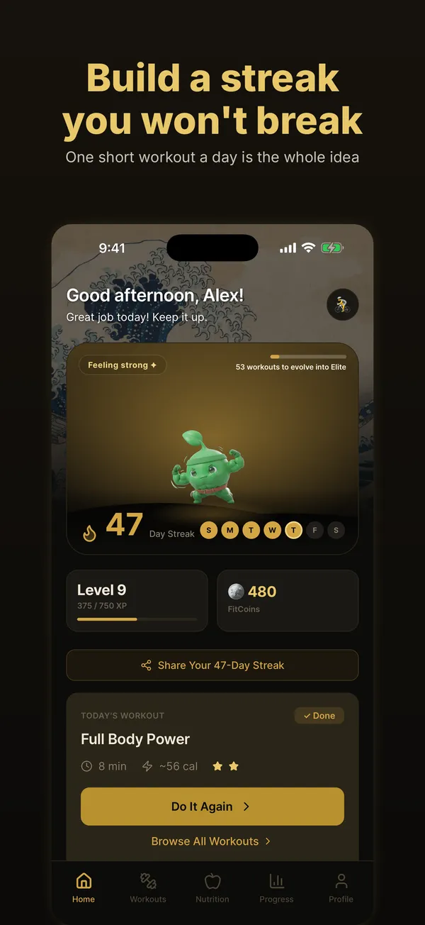 Home screen with a companion, a 47-day streak and today's workout