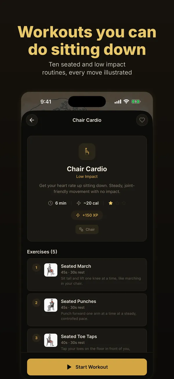 Chair Cardio workout: seated march, seated punches and seated toe taps