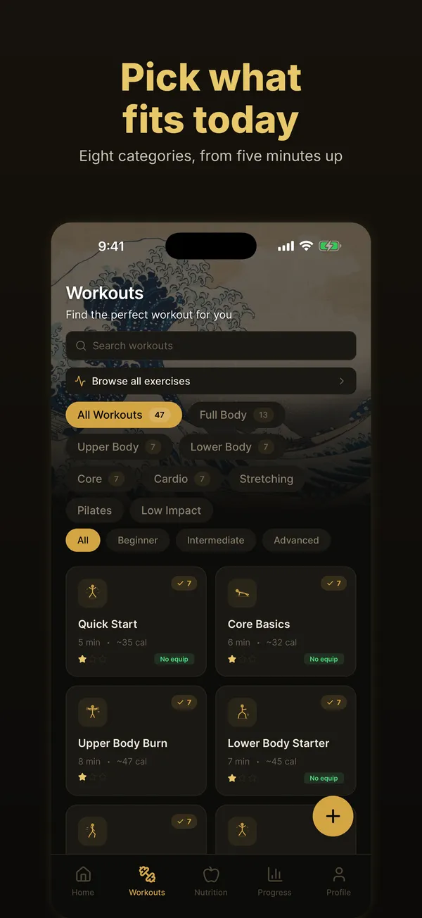 Workout library grouped by category