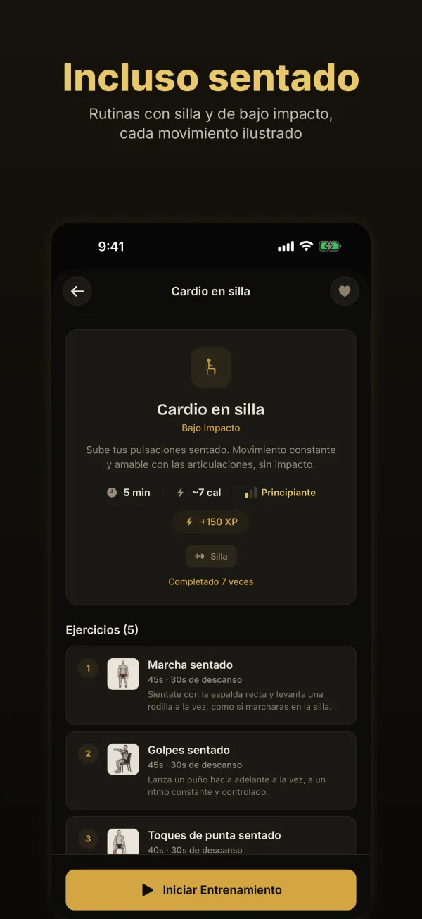 Incluso sentado: el entrenamiento Cardio en silla con marcha sentado, golpes sentado y toques de punta sentado