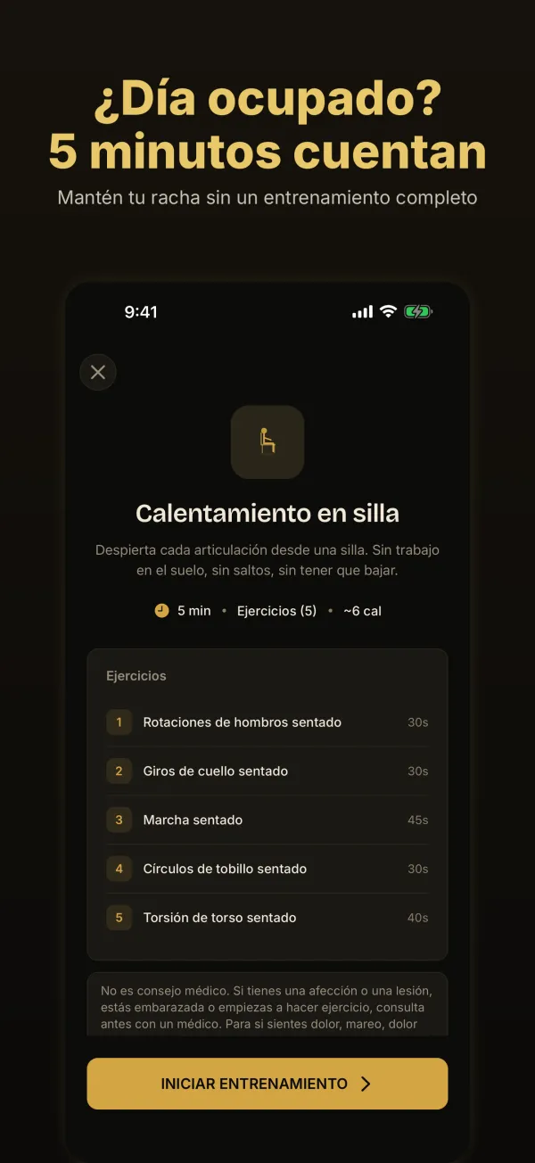 ¿Día ocupado? 5 minutos cuentan: el entrenamiento Calentamiento en silla
