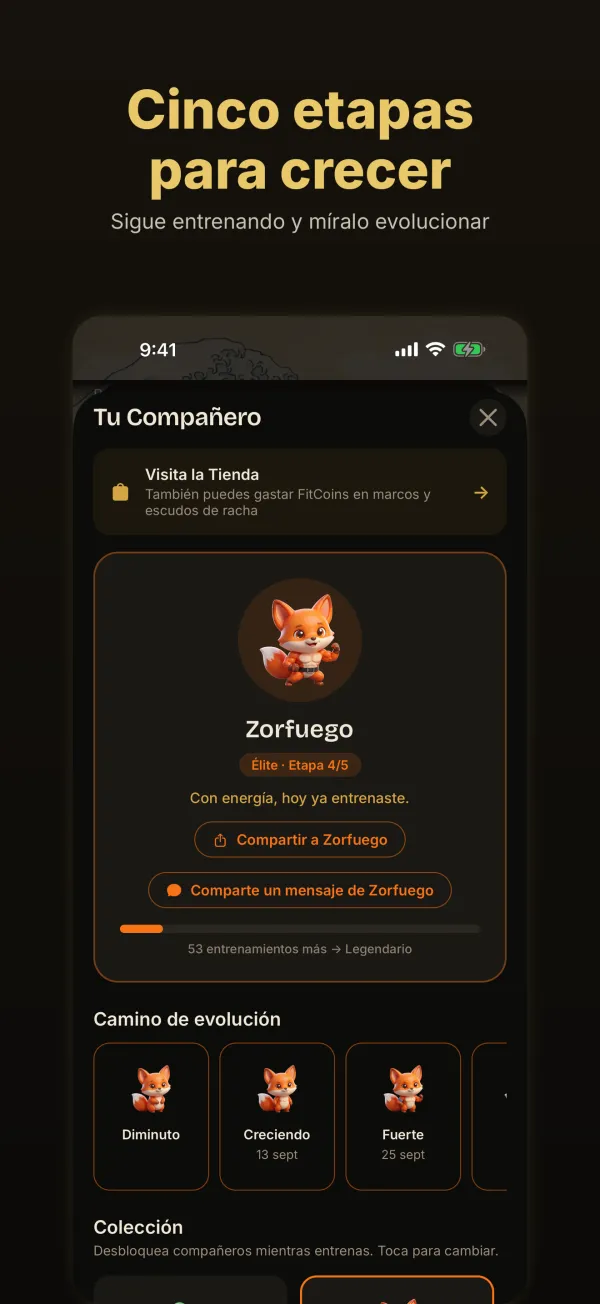Cinco etapas para crecer: Zorfuego en la pantalla Tu Compañero, con el camino de evolución debajo