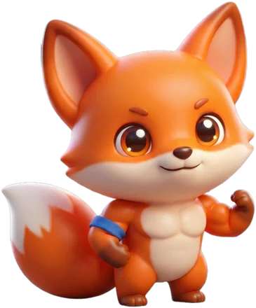 Foxfire, a cartoon fox companion, flexing one arm