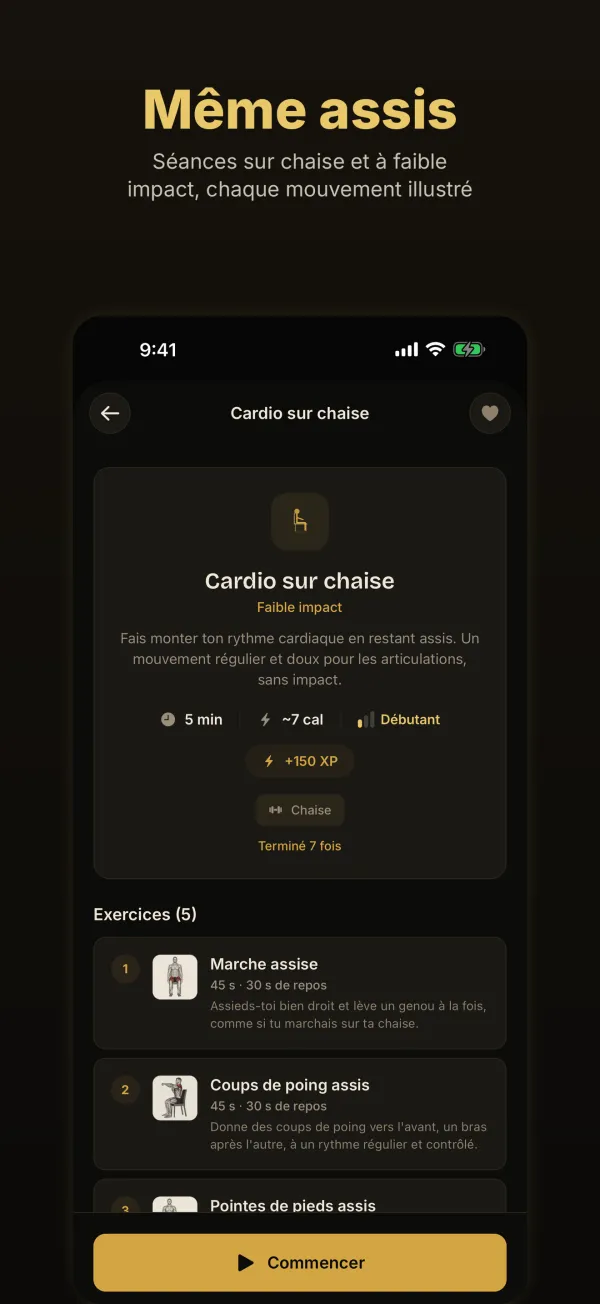 Même assis : la séance Cardio sur chaise avec marche assise, coups de poing assis et pointes de pieds assis