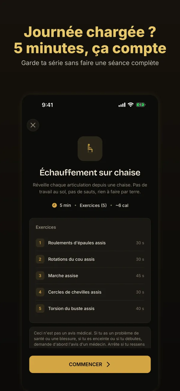 Journée chargée ? 5 minutes, ça compte : la séance Échauffement sur chaise