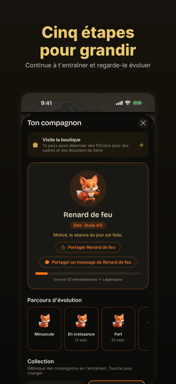 Cinq étapes pour grandir : Renard de feu sur l’écran du compagnon, avec le parcours d’évolution en dessous