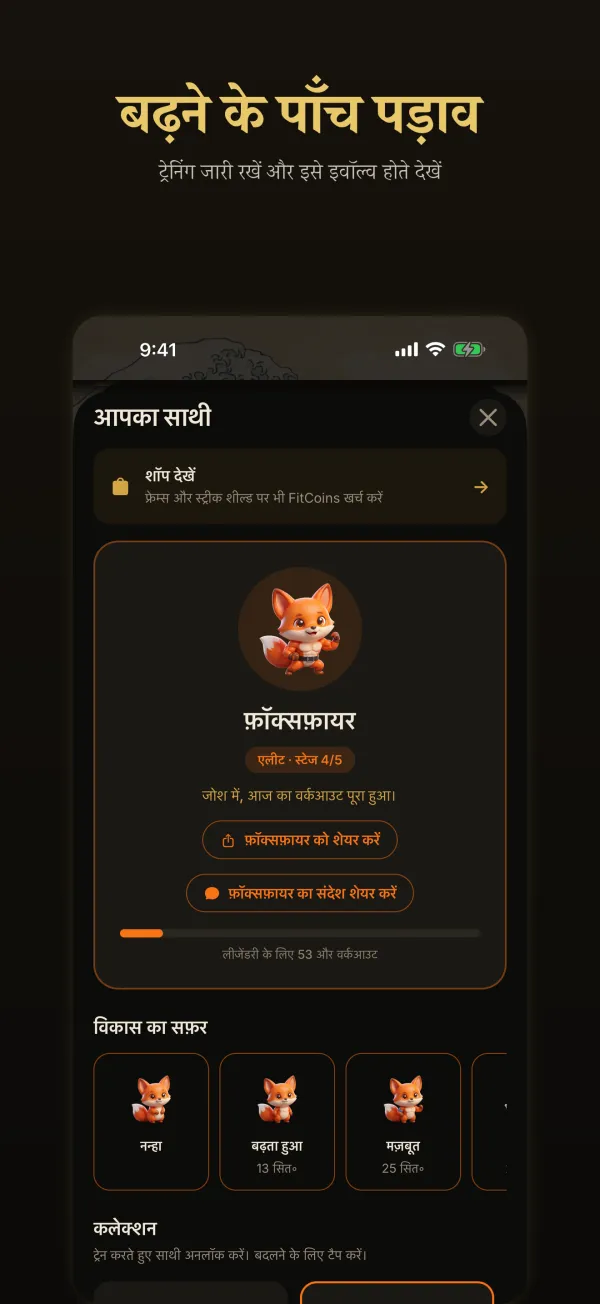 बढ़ने के पाँच पड़ाव: साथी स्क्रीन पर फ़ॉक्सफ़ायर और नीचे विकास का सफ़र