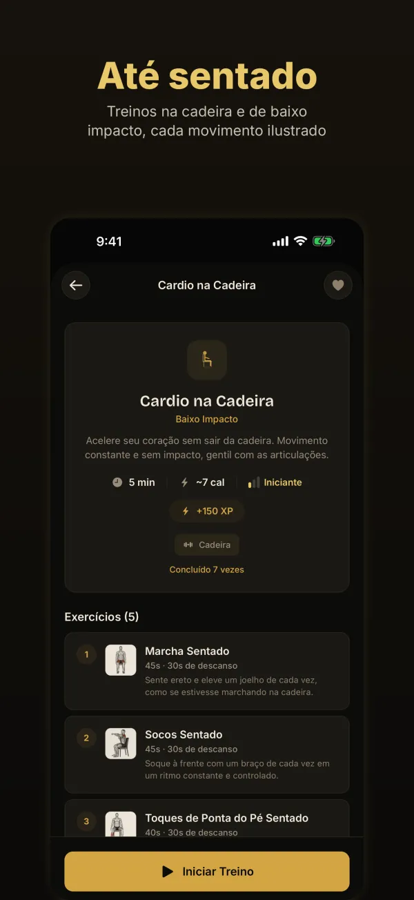 Até sentado: o treino Cardio na Cadeira com marcha sentado, socos sentado e toques de ponta do pé sentado