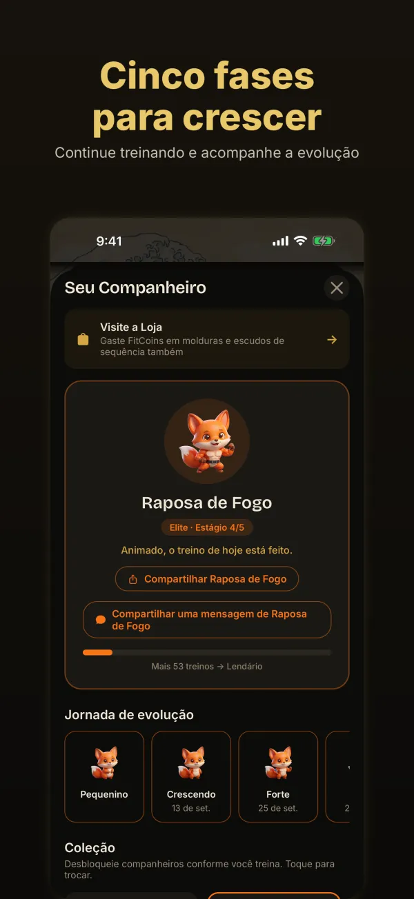 Cinco fases para crescer: a Raposa de Fogo na tela Seu Companheiro, com a jornada de evolução logo abaixo