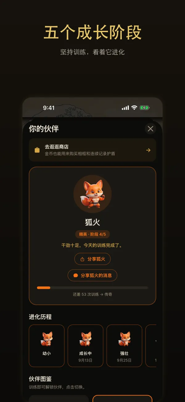 五个成长阶段：伙伴页面上的狐火，下方是进化历程